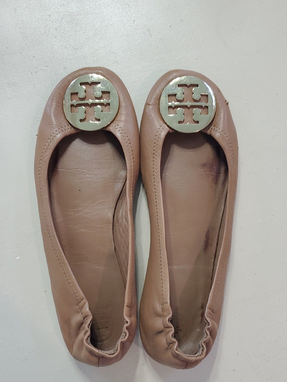 Tory Burch Nude Blush Leather Logo Ballet Flats